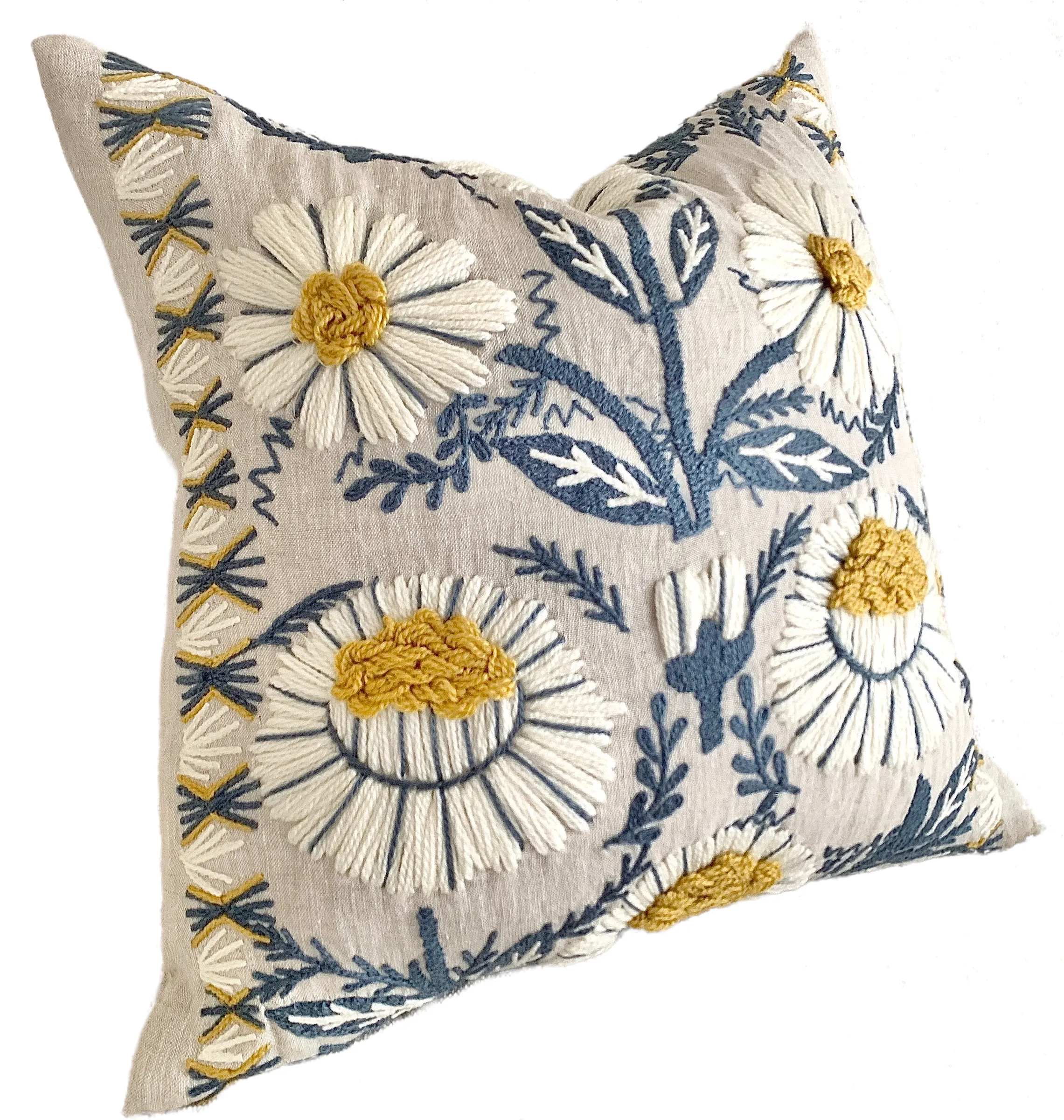 Schumacher Swedish Wool Embroidered Pillow Cover in Blue, Ochre, & Natural