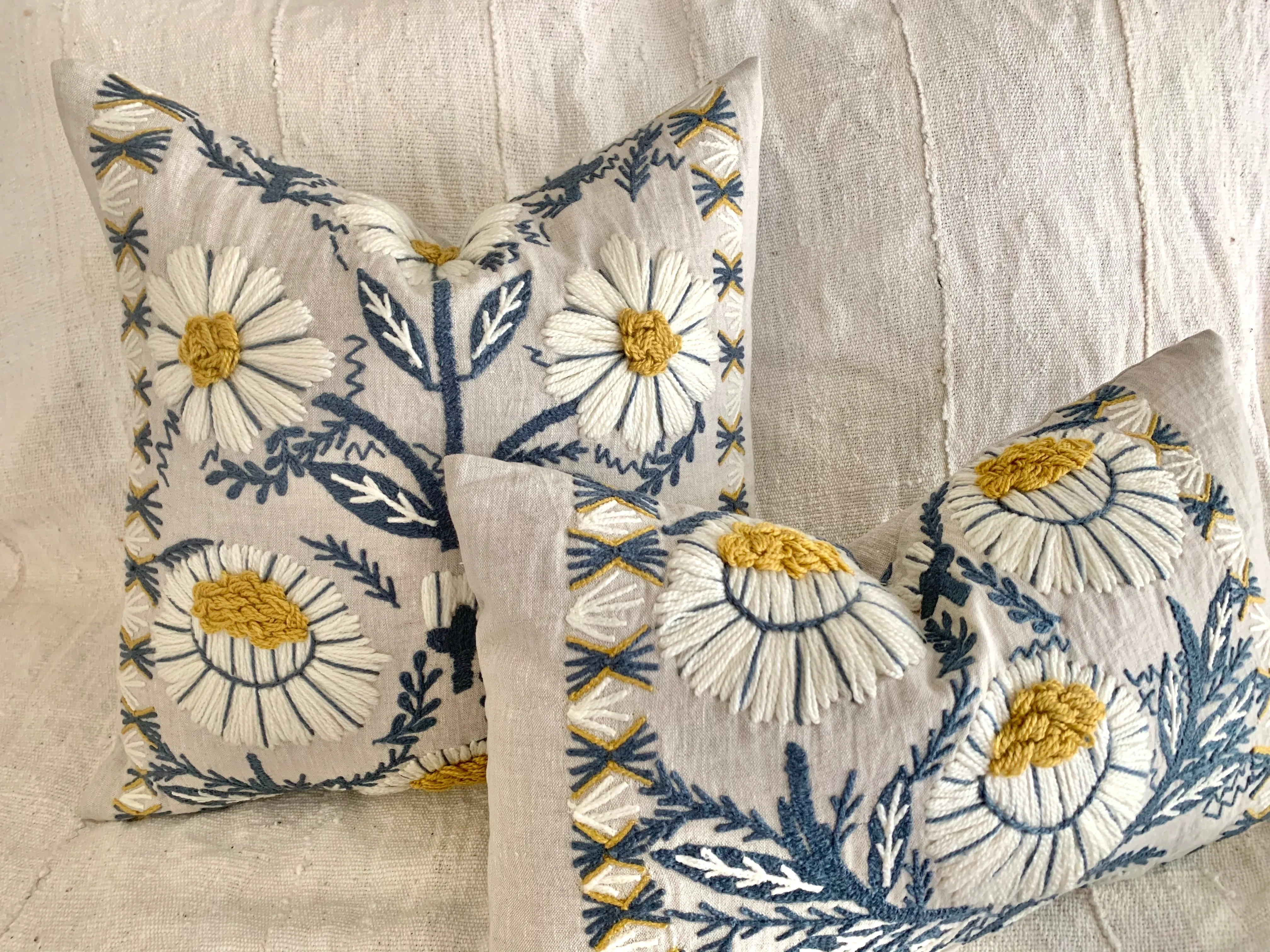 Schumacher Swedish Wool Embroidered Pillow Cover in Blue, Ochre, & Natural