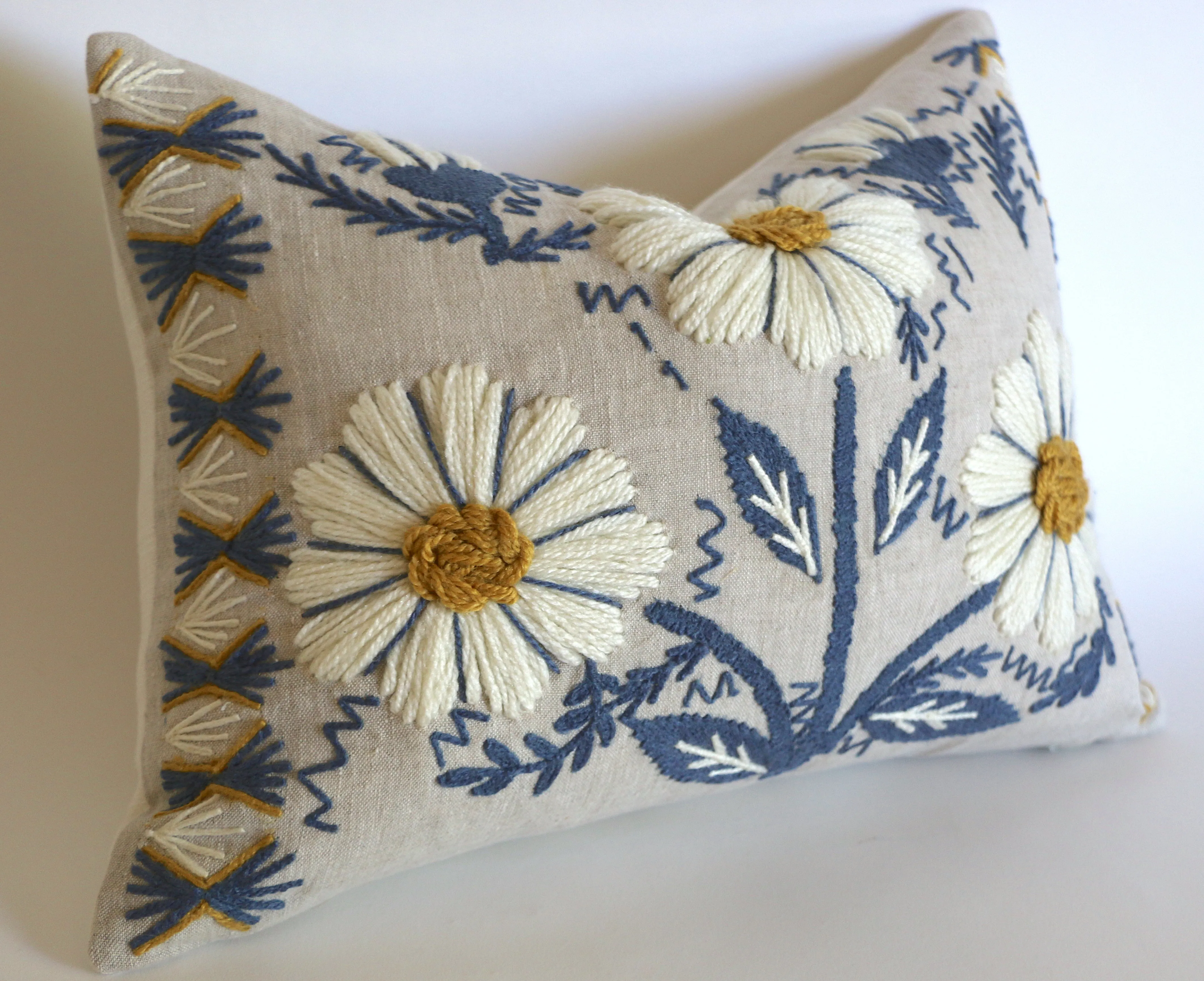 Schumacher Swedish Wool Embroidered Pillow Cover in Blue, Ochre, & Natural