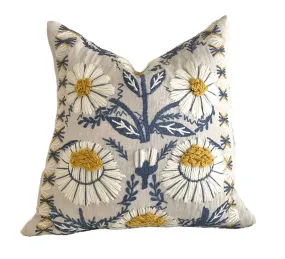 Schumacher Swedish Wool Embroidered Pillow Cover in Blue, Ochre, & Natural