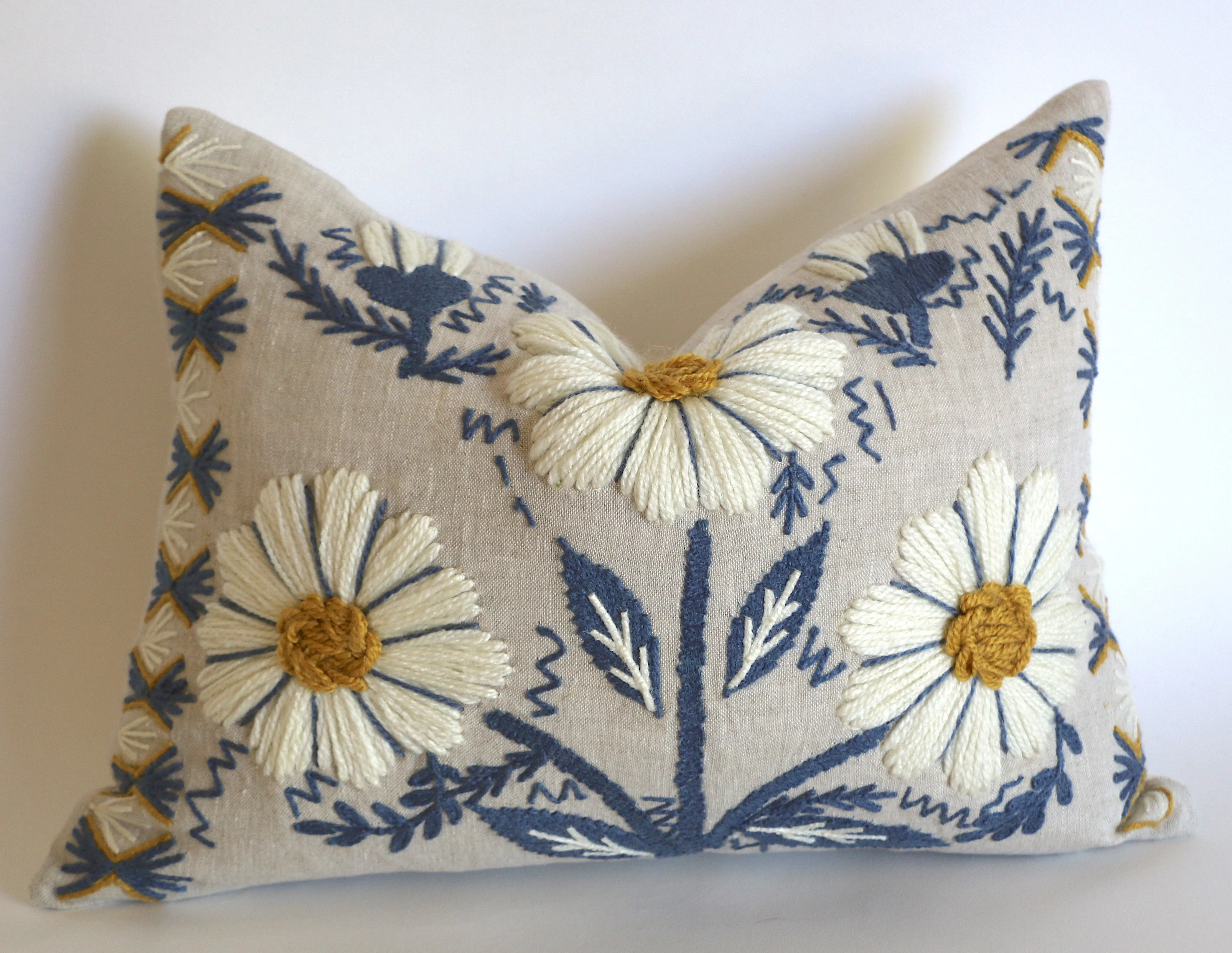 Schumacher Swedish Wool Embroidered Pillow Cover in Blue, Ochre, & Natural