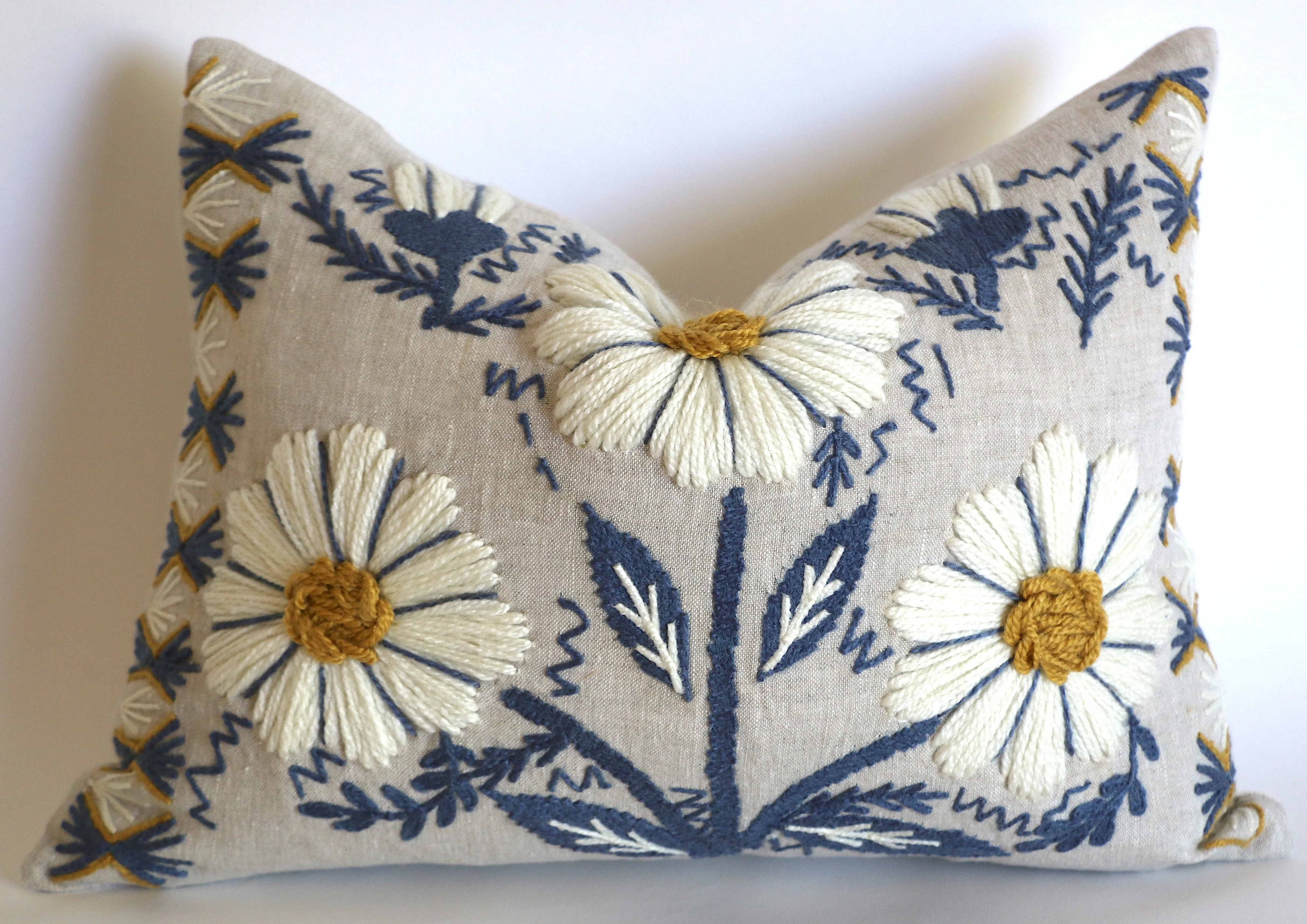 Schumacher Swedish Wool Embroidered Pillow Cover in Blue, Ochre, & Natural