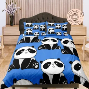 Sitting Cute Panda in Blue Cotton Duvet Cover Set for Kids, Toddler Bedding, Baby Zipper Bedding, Nursery Cotton Bedding, Crib Blanket