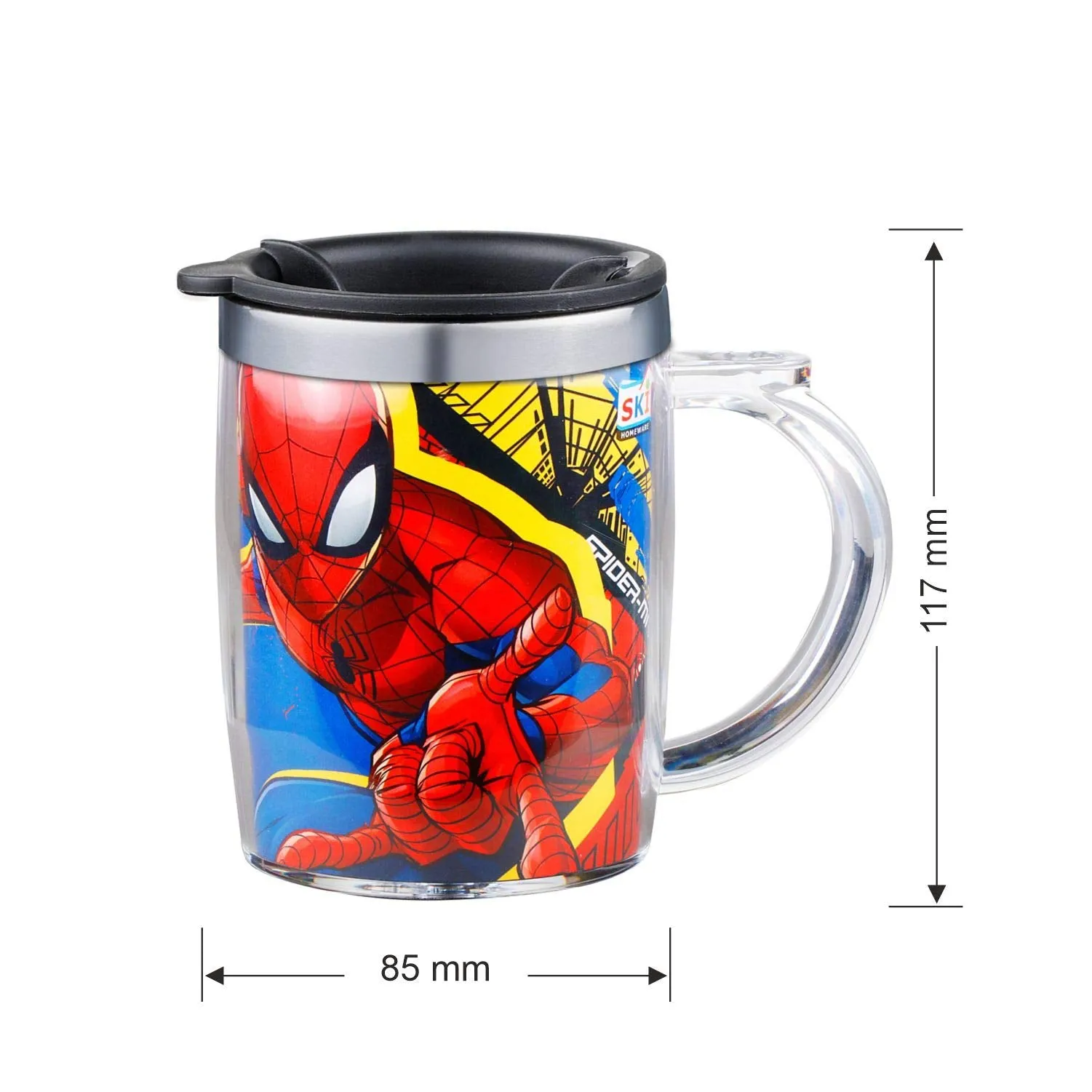 SKi Homeware Double Wall Inner Stainless Steel Tea,Coffee, Milk Mug With Handle And Lid For Kids Cherry Mug (Spider-Man), 350 ML