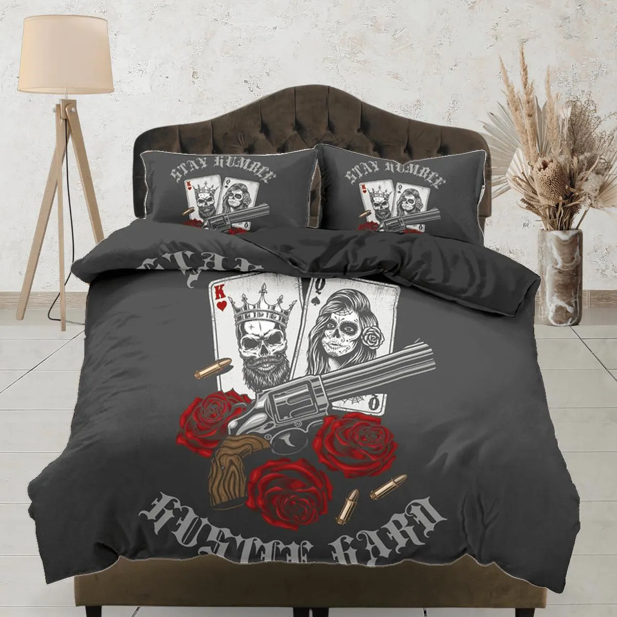 Skull Guns Roses Black Duvet Cover Set Gangster Bedspread Dorm Bedding, Pillowcase Comforter Cover