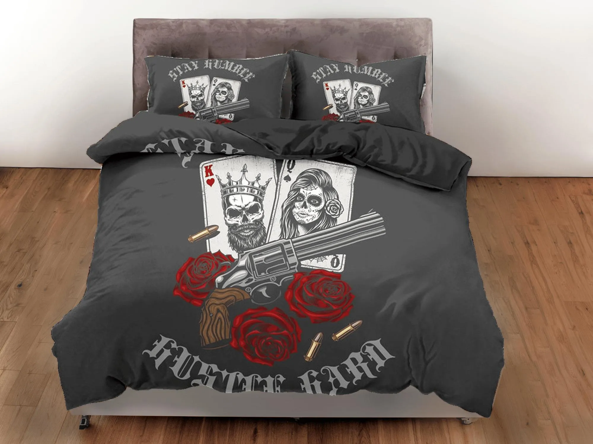 Skull Guns Roses Black Duvet Cover Set Gangster Bedspread Dorm Bedding, Pillowcase Comforter Cover