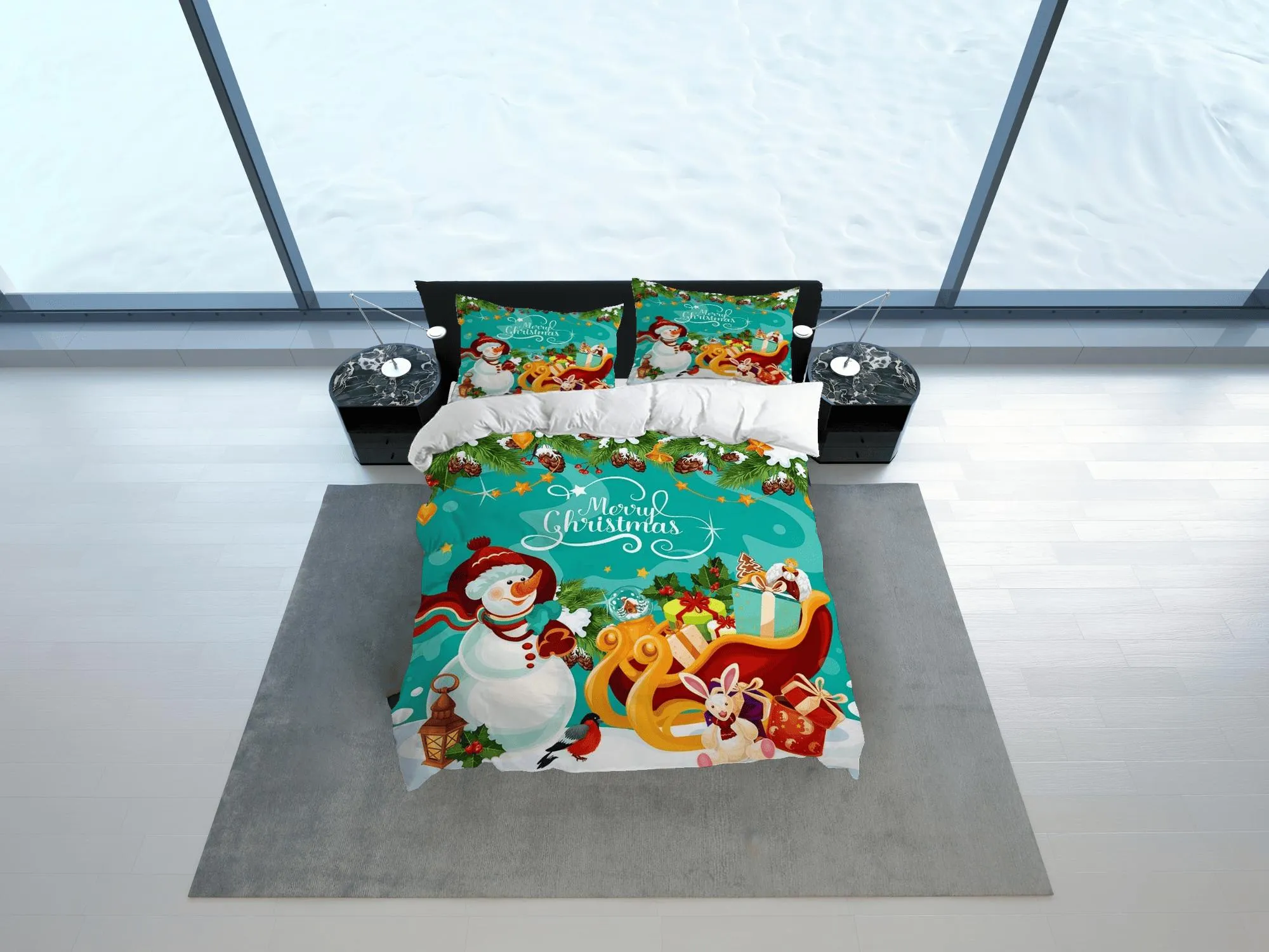 Snowman Merry Christmas aquamarine bedding set holiday gift duvet cover king queen full twin toddler bedding baby Christmas farmhouse decor