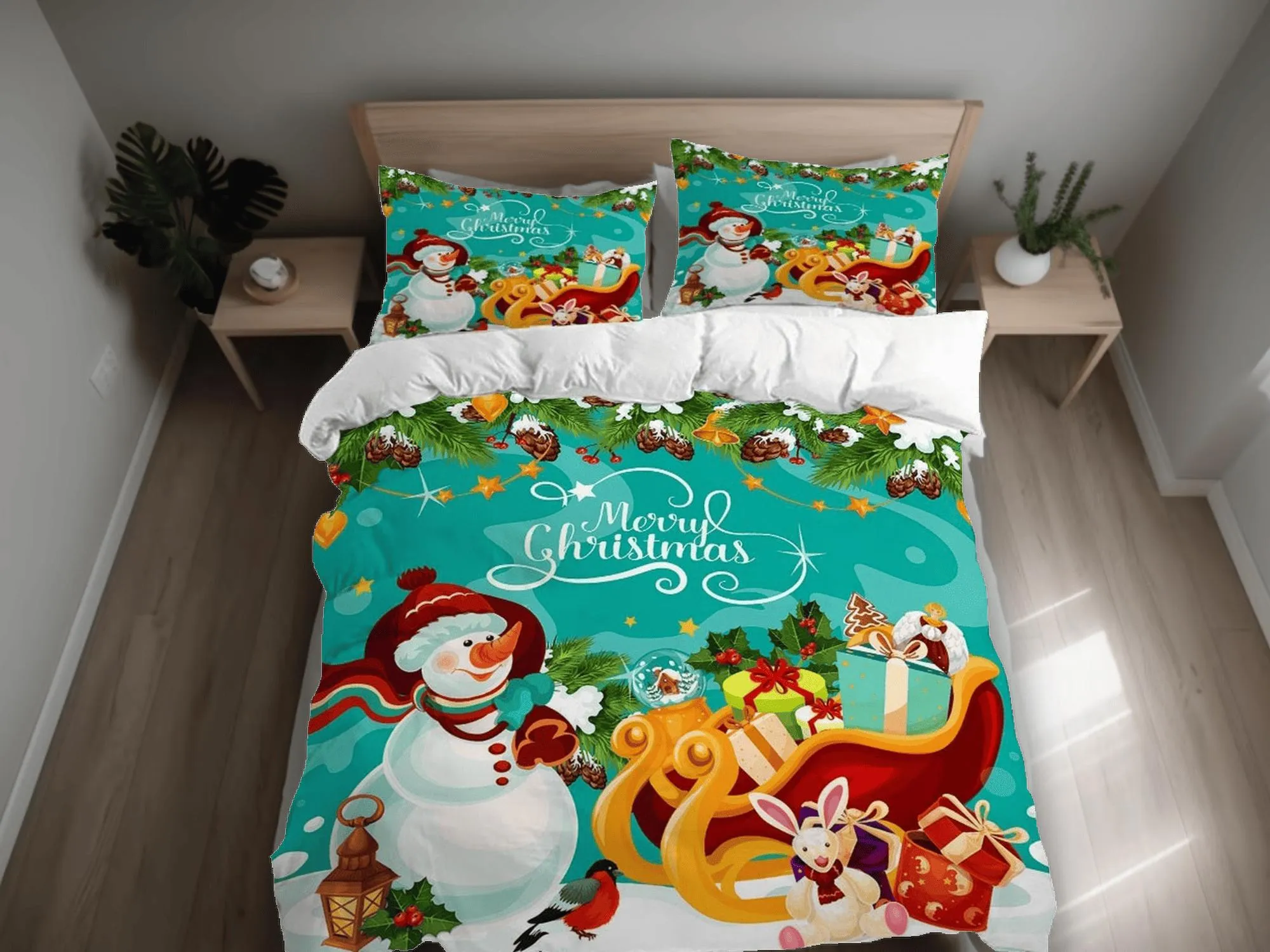 Snowman Merry Christmas aquamarine bedding set holiday gift duvet cover king queen full twin toddler bedding baby Christmas farmhouse decor