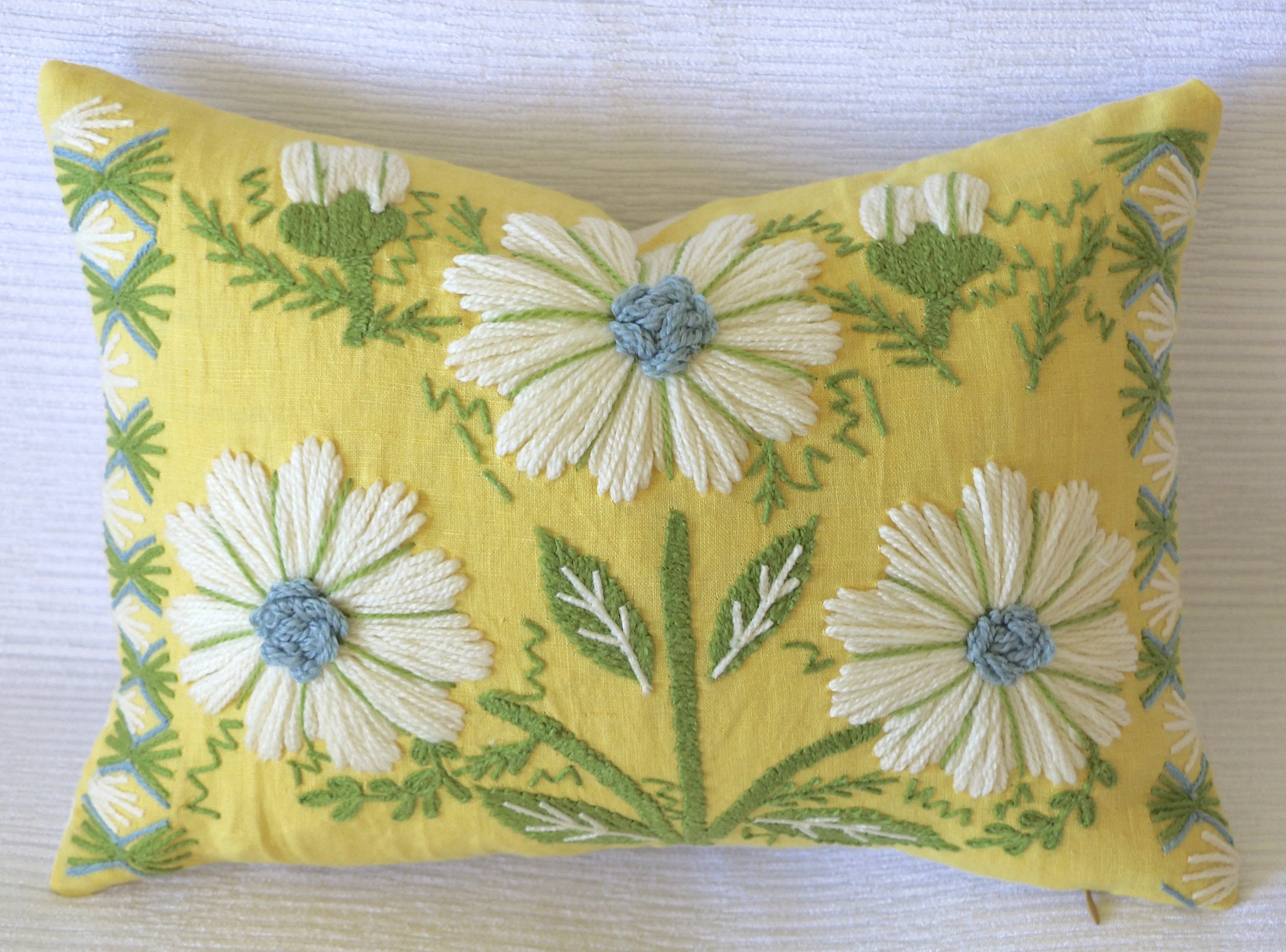 Swedish Schumacher Embroidered Pillow Cover in Blue & Green on Yellow Linen