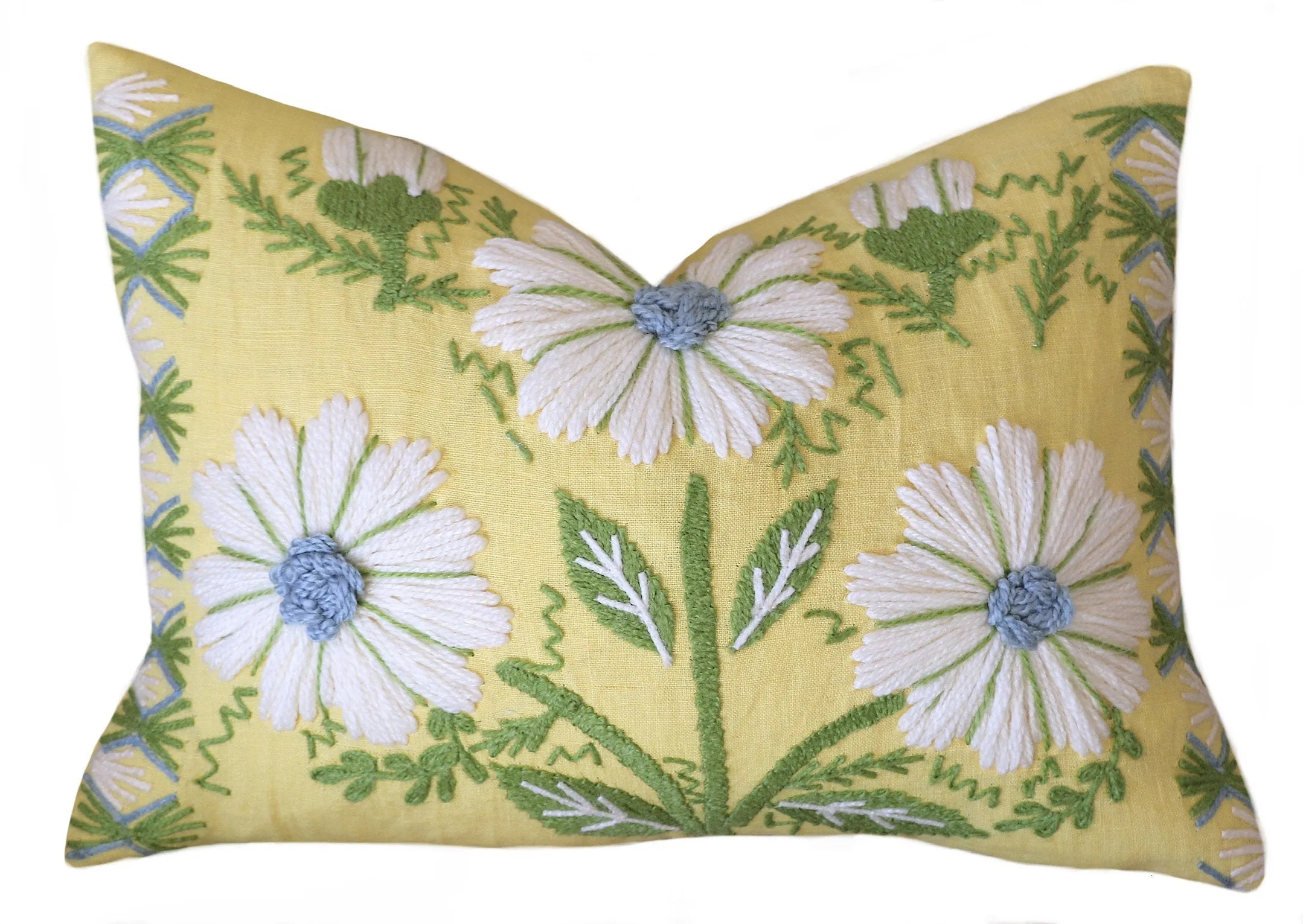 Swedish Schumacher Embroidered Pillow Cover in Blue & Green on Yellow Linen