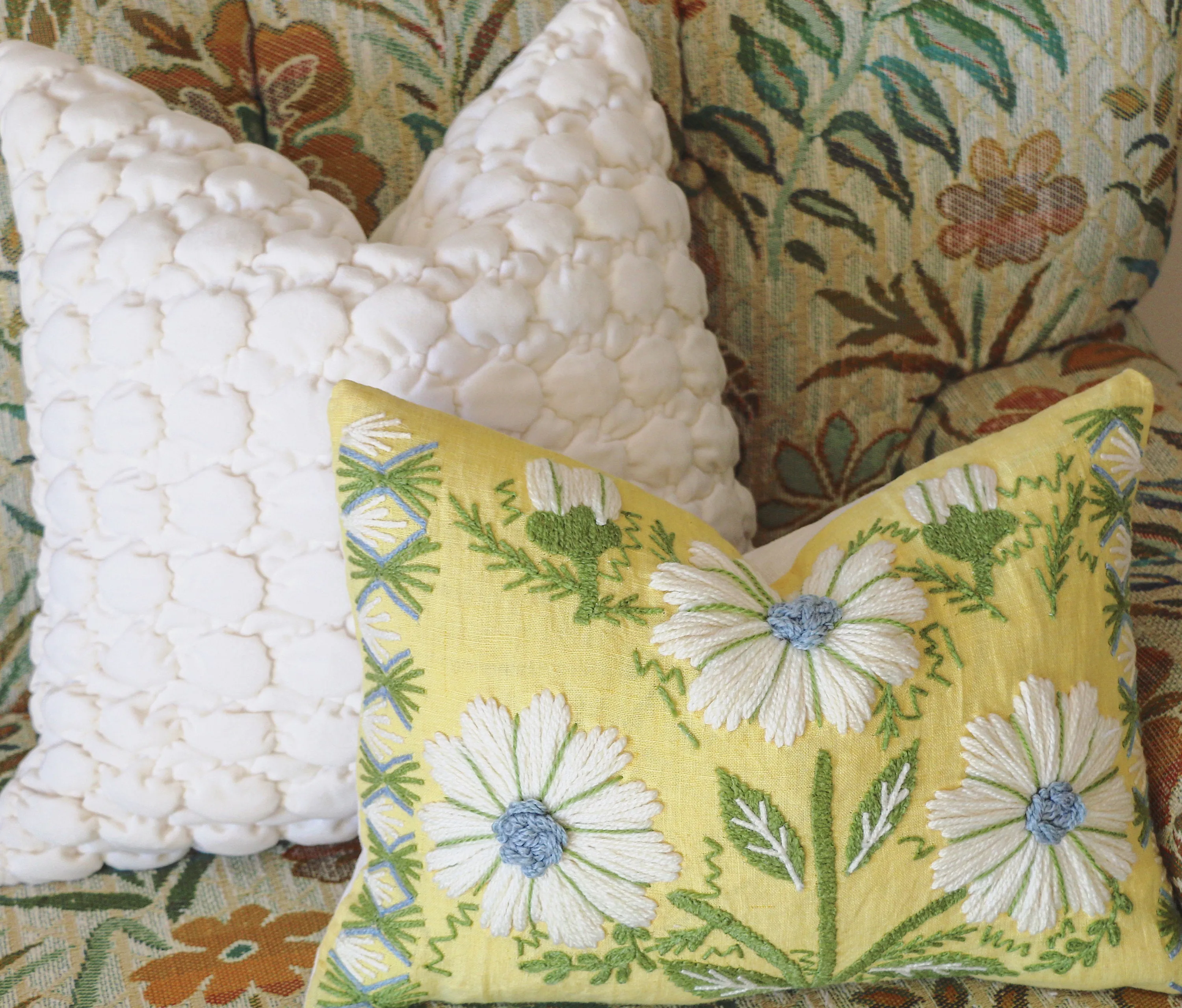 Swedish Schumacher Embroidered Pillow Cover in Blue & Green on Yellow Linen