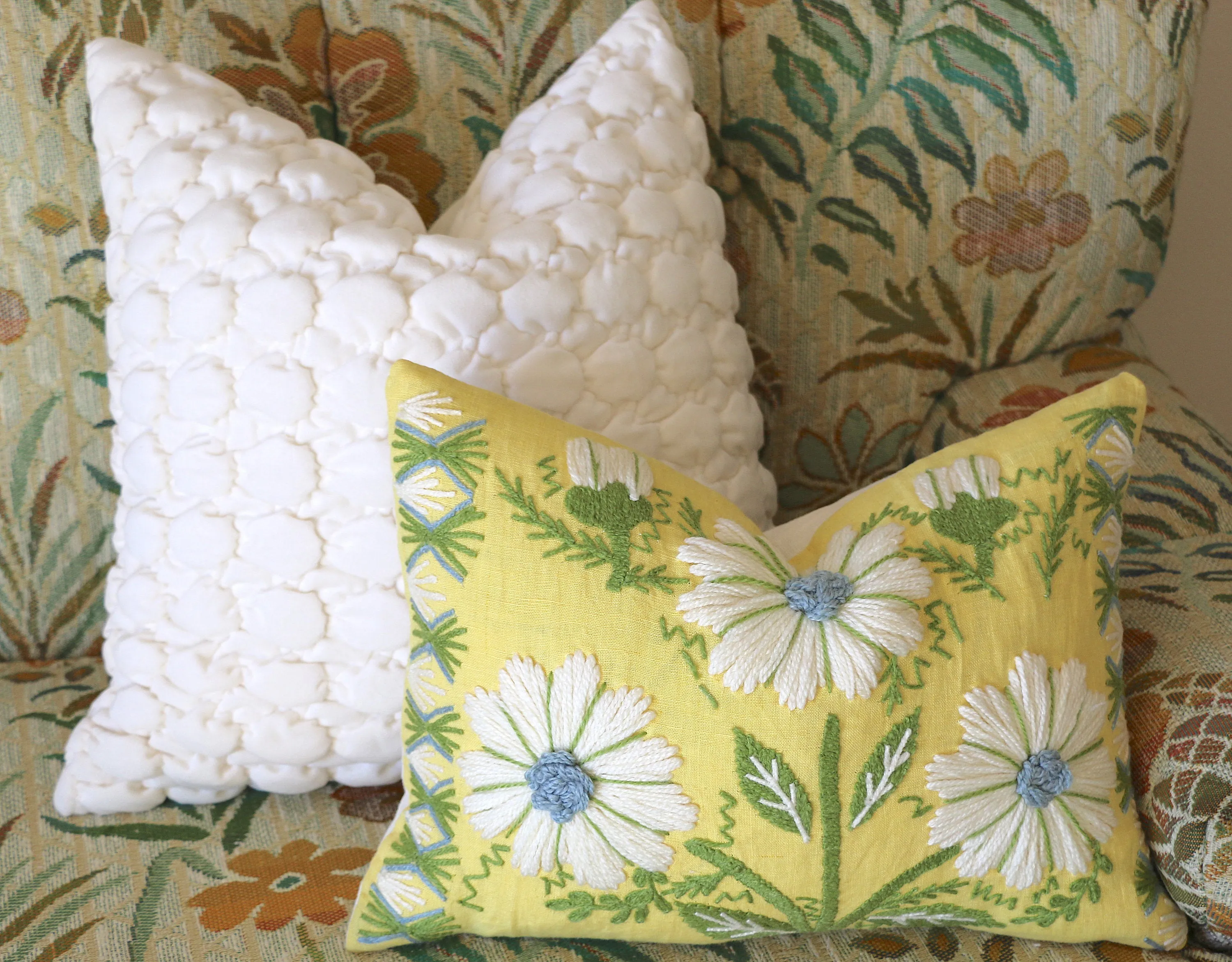 Swedish Schumacher Embroidered Pillow Cover in Blue & Green on Yellow Linen