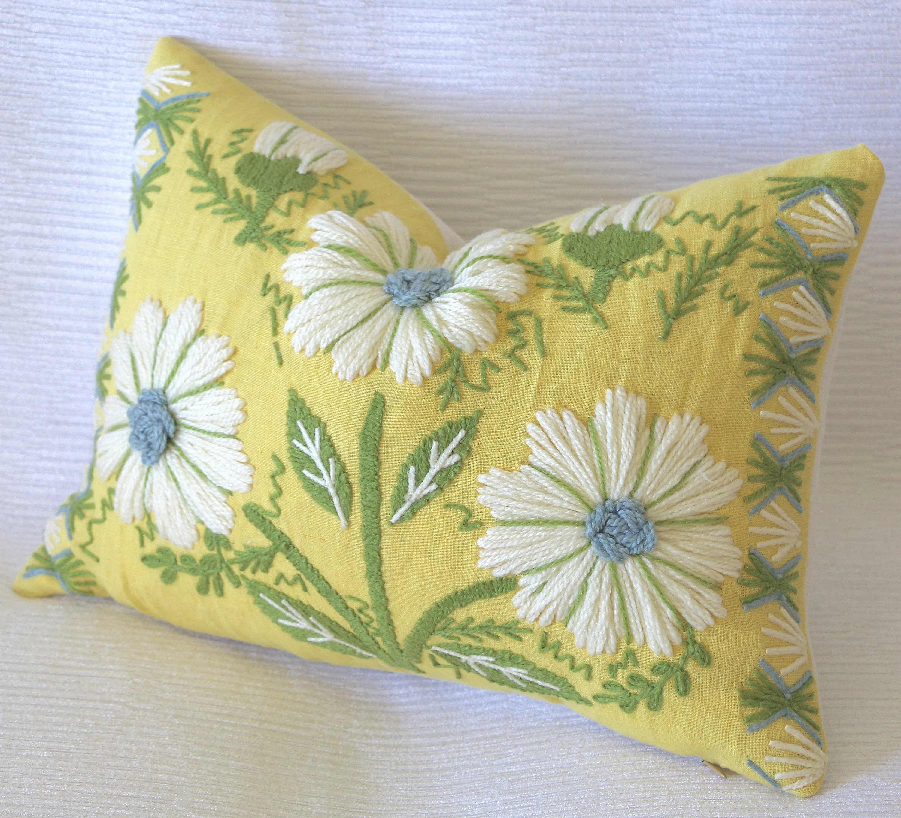 Swedish Schumacher Embroidered Pillow Cover in Blue & Green on Yellow Linen