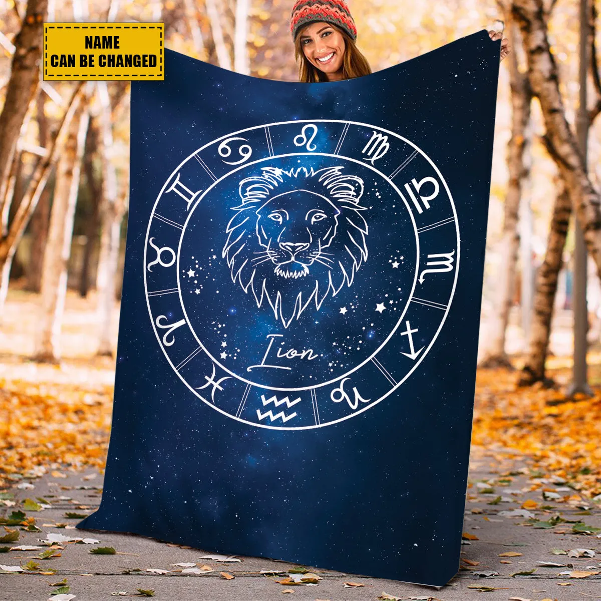 Teesdily | Lion Personalized Fleece Blanket With Name Horoscope Design Sherpa Blanket Zodiac Sign Constellation Astrology Adult Kid Birthday Gifts