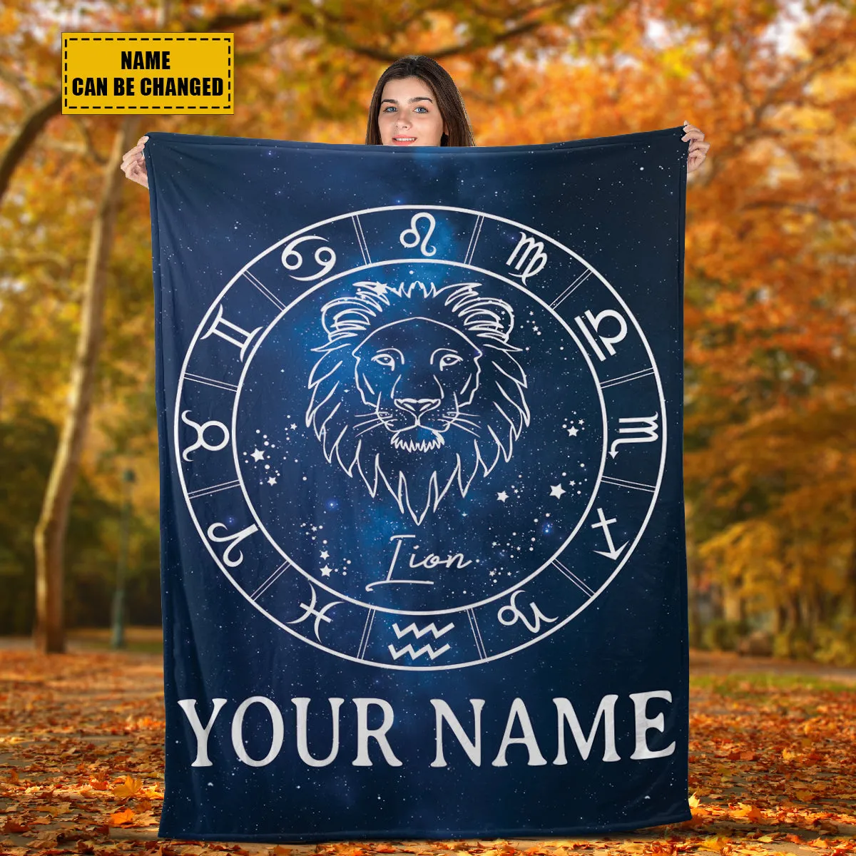 Teesdily | Lion Personalized Fleece Blanket With Name Horoscope Design Sherpa Blanket Zodiac Sign Constellation Astrology Adult Kid Birthday Gifts