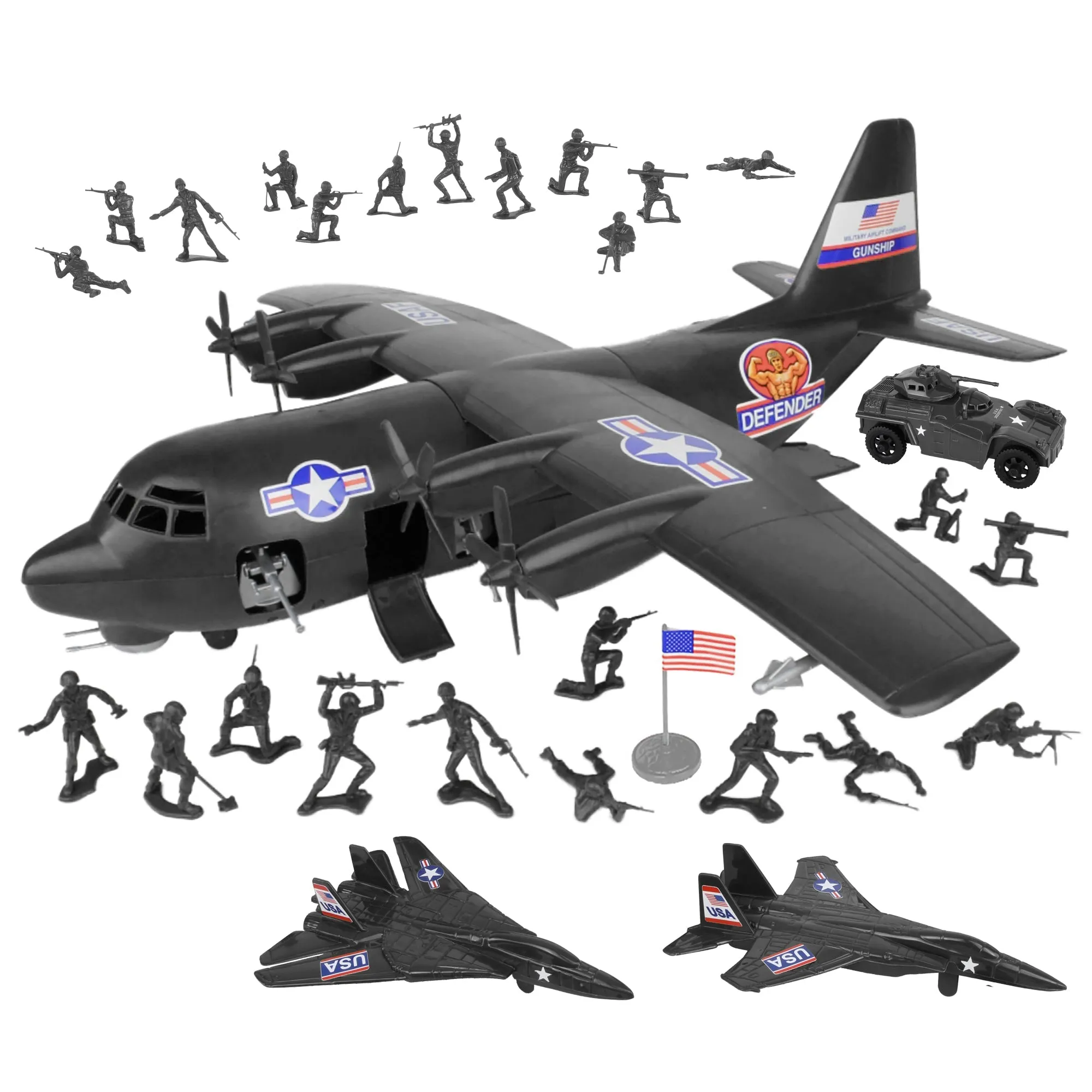 TimMee Plastic Army Men C130 Playset - 29pc Black Giant Military Airplane US Made