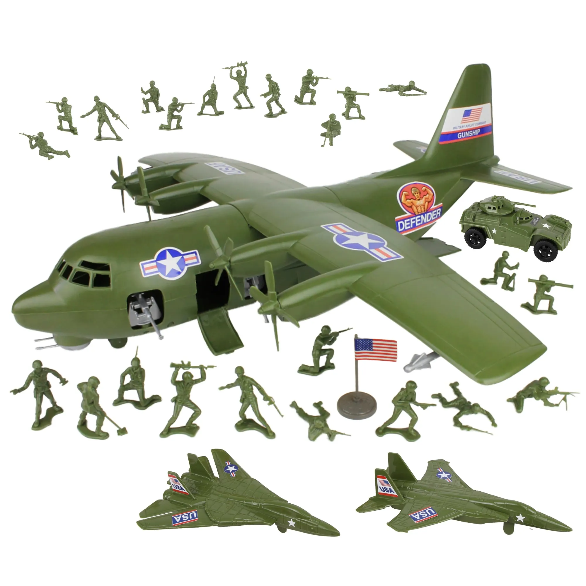 TimMee Plastic Army Men C130 Playset - 29pc OD Green Giant Military Airplane US Made