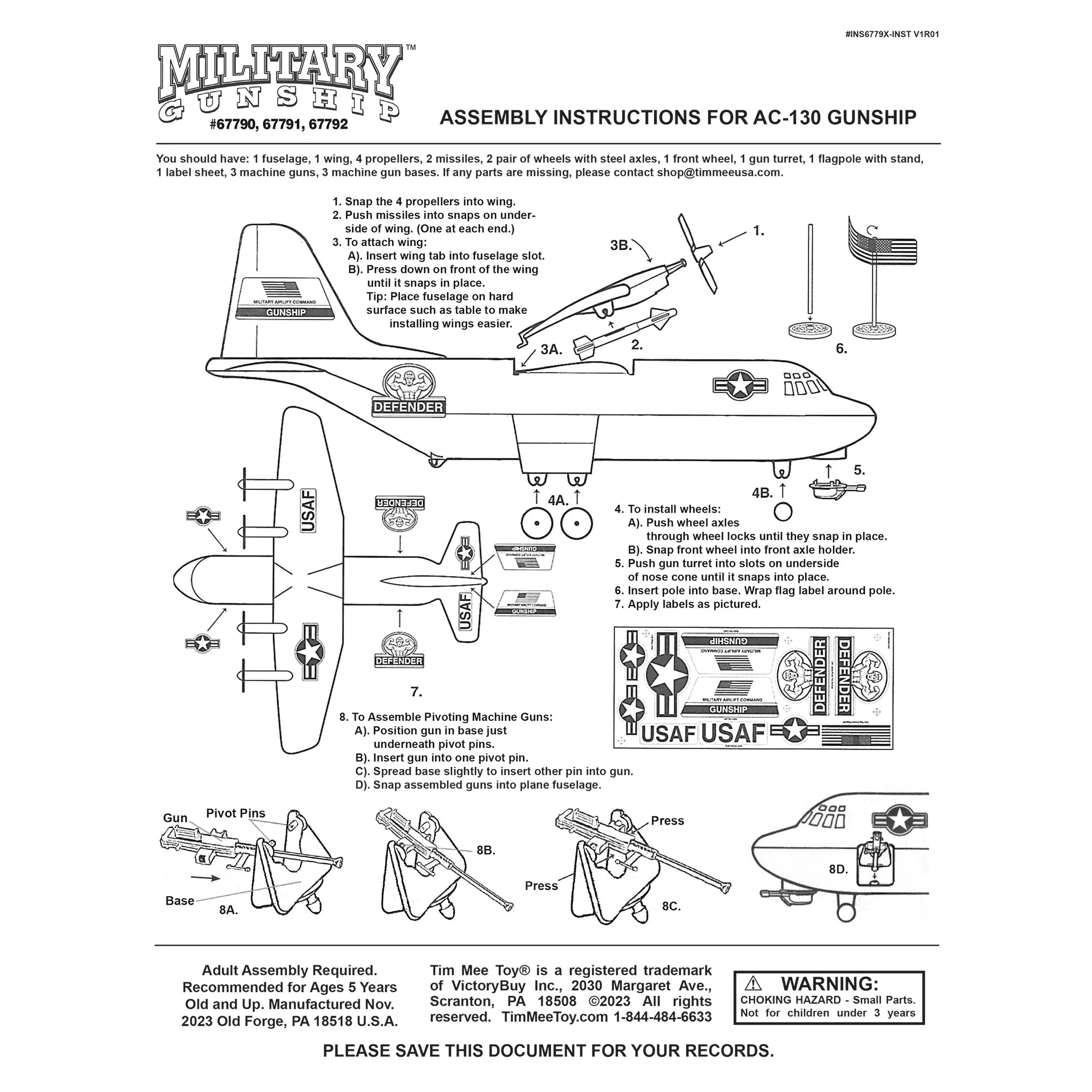 TimMee Plastic Army Men C130 Playset - Tan 29pc Giant Military Airplane US Made