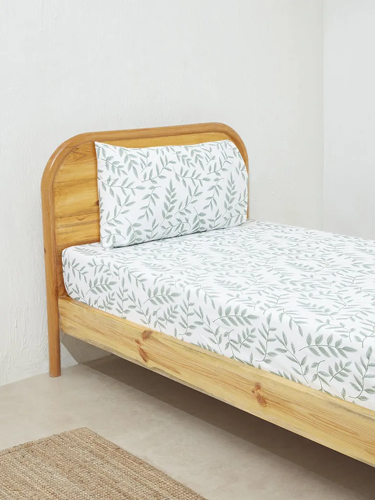 Westside Home Sage Leaf Design Single Bed Fitted Sheet and Pillowcase Set