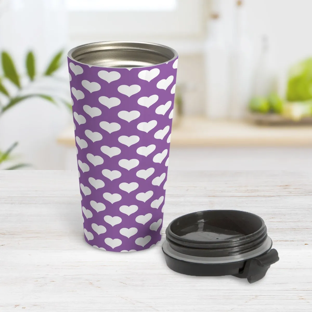 White Hearts Pattern Purple Travel Mug