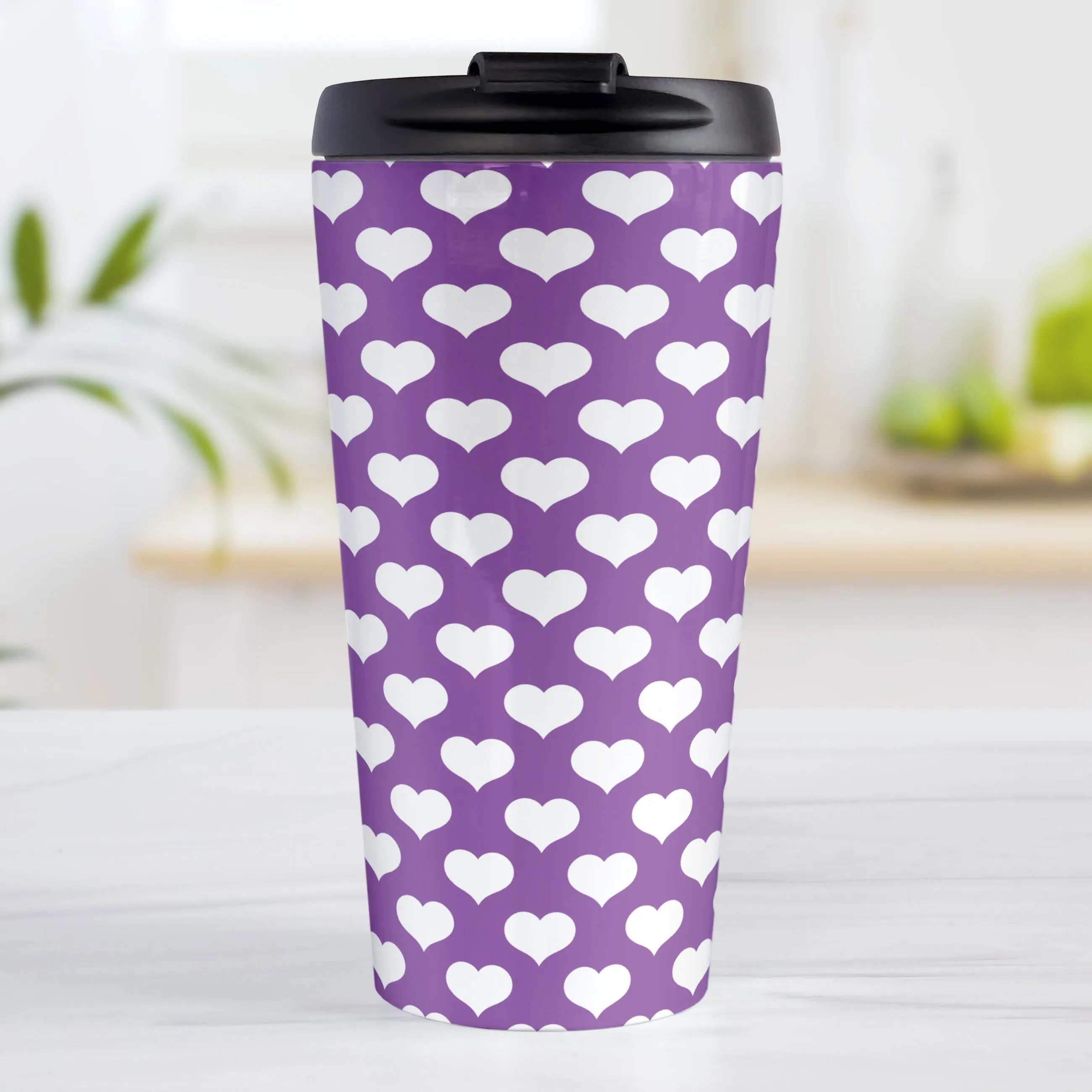 White Hearts Pattern Purple Travel Mug