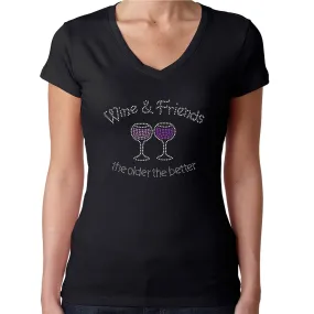 Womens T-Shirt Rhinestone Bling Black Fitted Tee Wine Friends Older Better