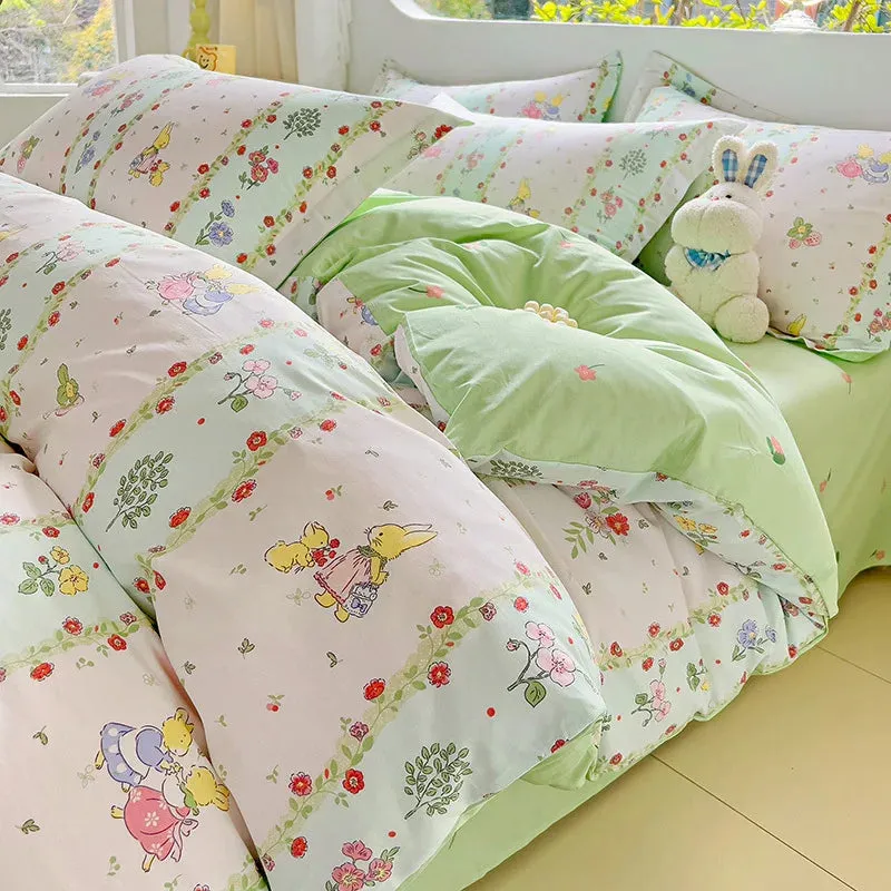 Yeknu Hot Flora Style 100% Cotton Bedding Set Printed  Four Piece Set Pure Cotton  Bed Sheet Set Duvet Cover Queen King Size