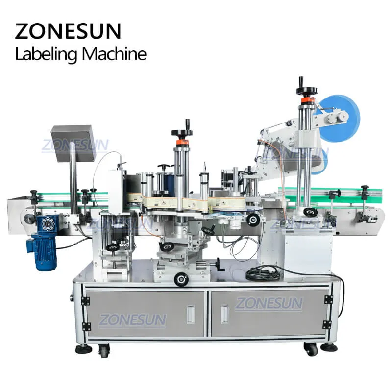 ZONESUN ZS-TB822D Automatic Dual Use Top Side Flat Caps Round Bottle Labeling Machine For Cosmetics Bottle